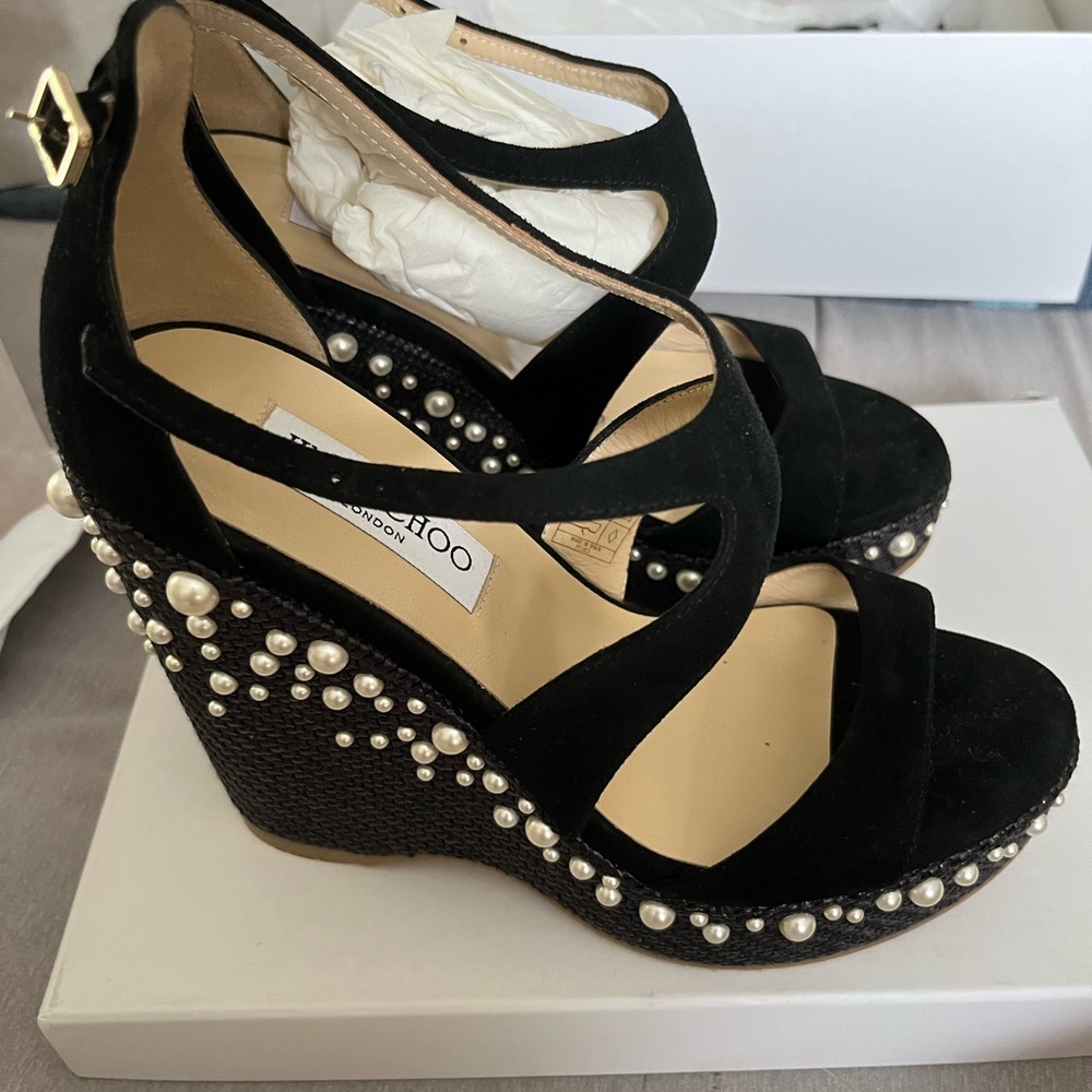 Palm 120 faux pearl-embellished suede platform wedge sandals
